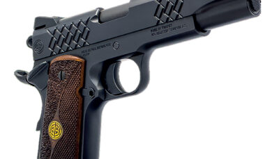 Dickinson LLC DKSN45BM 1911 Adam Full Size Frame 45 ACP 8+1 5" Matte Black Button Rifled Barrel, Matte Black Serrated Aluminum Slide, Matte Black Steel Frame, Wood Grips