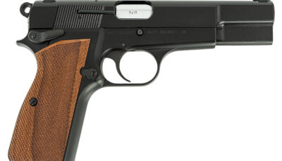 Inglis 12000009 P-35  Full Size Frame 9mm Luger 15+1 4.70" Hard Chrome Plated Button Rifled Barrel, Black Cerakote Steel Serrated Slide, Black Cerakote Steel Frame, Walnut Checkered Grip