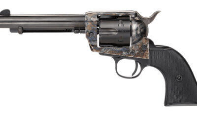 Taylors & Company 200110 1873 Pietta 9mm Luger 6 Shot 5.50" Blued Round Barrel, Blued Cylinder, Color Case Hardened Steel Frame, Black Checkered Plastic Navy Grip, Manual Safety, Exposed Hammer