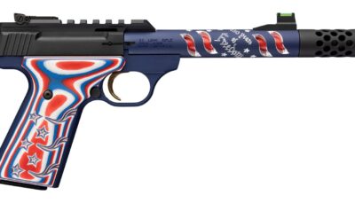 Browning 051615490 Buck Mark Freedom 250 SR 22 LR 10+1 5.90" Waving Flag Threaded Barrel, Blue Anodized Serrated w/Picatinny Rail  Aluminum Receiver, Red/White/Blue G10 Grip