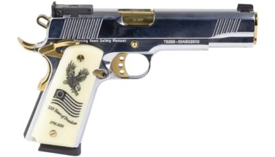 Girsan 391096 MC1911 USA 250th 45 ACP 8+1 5" Polished Chrome Stainless Steel Serrated Slide & Frame w/Beavertail, Eagle w/Flag Grip