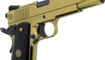 Dickinson LLC DKSN45GB Adam 1911 Golden 45 ACP 8+1 5" Black Barrel, Gold Cerakote Steel B Serrations Slide, Gold Steel Frame w/Beavertail, Black Textured Grip