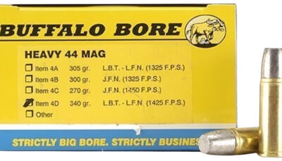 Buffalo Bore Ammunition 4D20 Heavy Strictly Business 44Rem Mag +P+ 340gr Lead Flat Nose 20 Per Box/12 Case