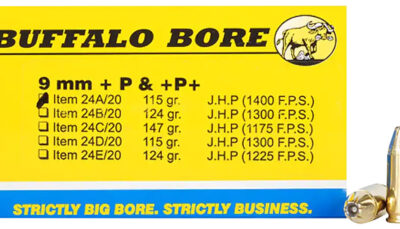 Buffalo Bore Ammunition 24A20 Personal Defense Strictly Business 9mmLuger +P+ 115gr Jacket Hollow Point 20 Per Box/12 Case