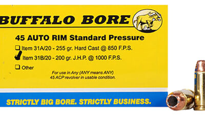 Buffalo Bore Ammunition 31B20 Standard Pressure Strictly Business 45Auto Rim 200gr Jacket Hollow Point 20 Per Box/12 Case