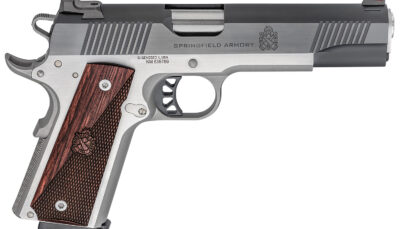 Springfield Armory PX9121L 1911 Ronin 10mm Auto 8+1, 5" Stainless Match Grade Steel Barrel, Blued Serrated Carbon Steel Slide, Stainless Steel Steel Frame w/Beavertail, Crossed Cannon Wood Grip