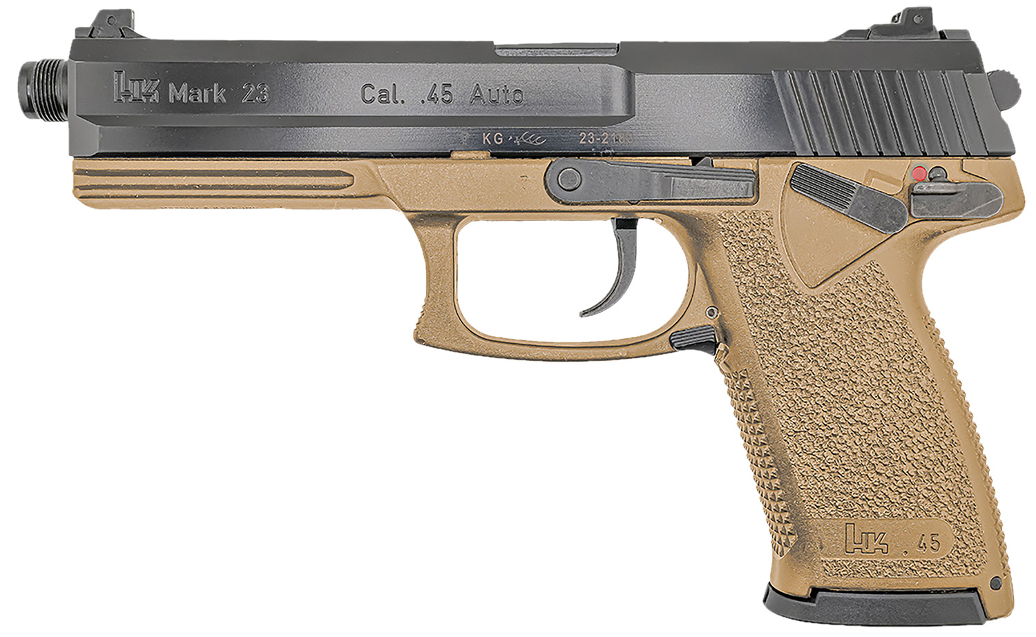 HK 81000868 Mark 23 45 ACP 12+1 5.87" Black Threaded Barrel, Black Cerakote Serrated Steel Slide, Flat Dark Earth Polymer Frame w/Accessory Rail