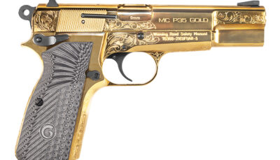 Girsan 390488 MC P35  9mm Luger 15+1 4.87" Gold Plated PVD Stainless Steel Barrel, Gold Finish Engraved Serrated Stainless Steel Slide, Gold Plated Steel Frame w/Beavertail, G10 Grip