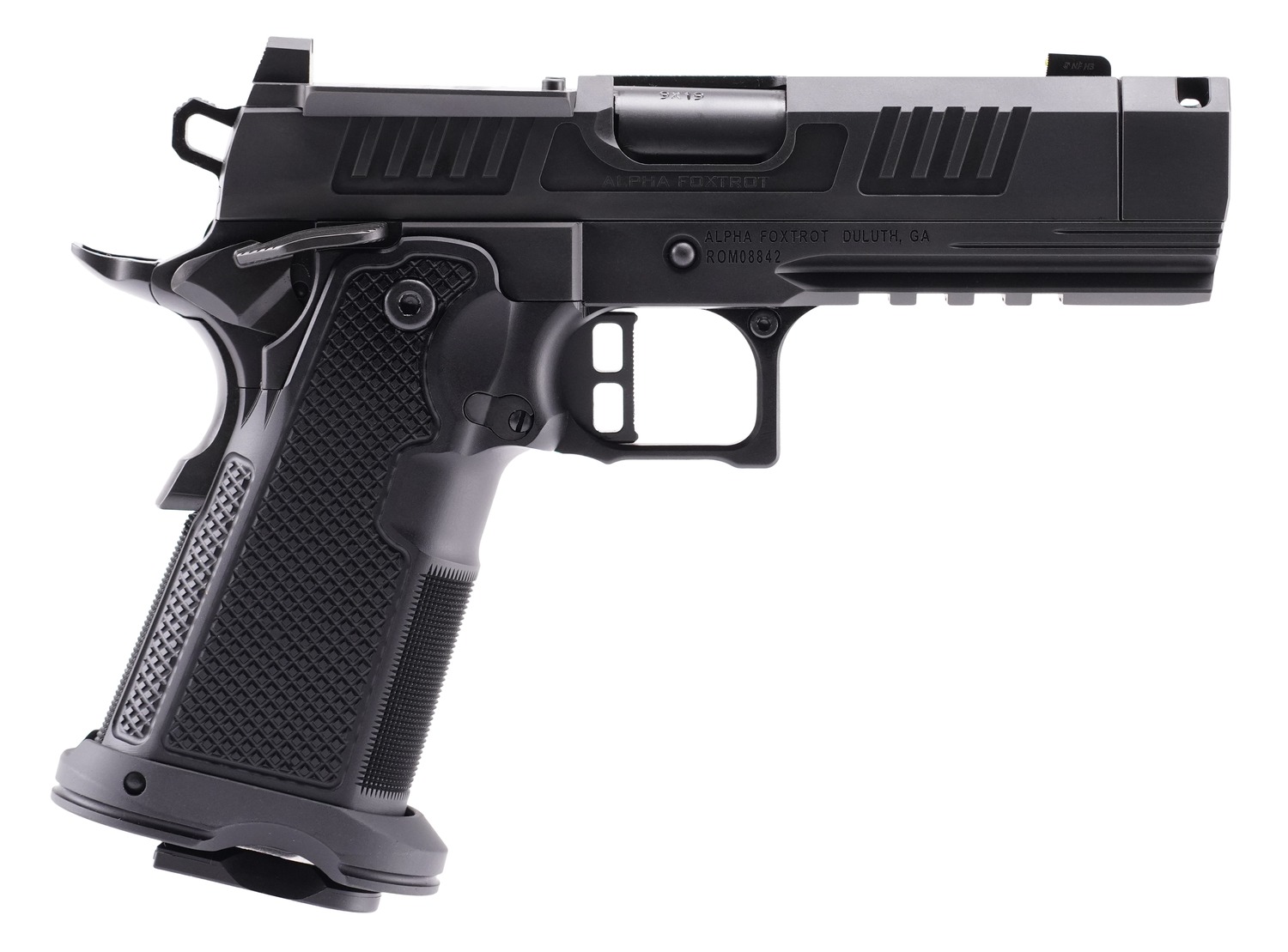 Alpha Foxtrot AA47X1QIG-XDBK19 AF1911 Romulus 9mm Luger 20+1 3.50" Black DLC Stainless Steel Threaded Compensated Barrel, Optic Ready/Serrated Slide & Frame w/Beavertail & Picatinny Rail, Aluminum Gri