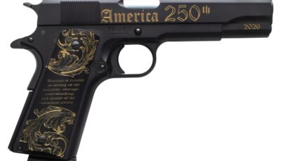 Tisas Arms 10100518US250 1911 America's 250th Full Size 45 ACP 7+1 5" Stainless Barrel, Black w/Gold Engraving Steel Serrated Slide, Black w/Gold Engraving Steel Frame w/Beavertail, Black w/Gold Accen