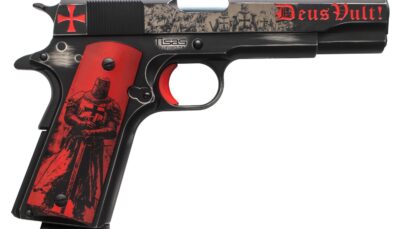 Tisas Arms 10100518AA2 1911 Crusader Full Size Frame 45 ACP 7+1 5" Steel Serrated Slide, Distressed Graphite Cerakote Carbon Steel Frame w/Beavertail, Multi-Color Cerakote Grip