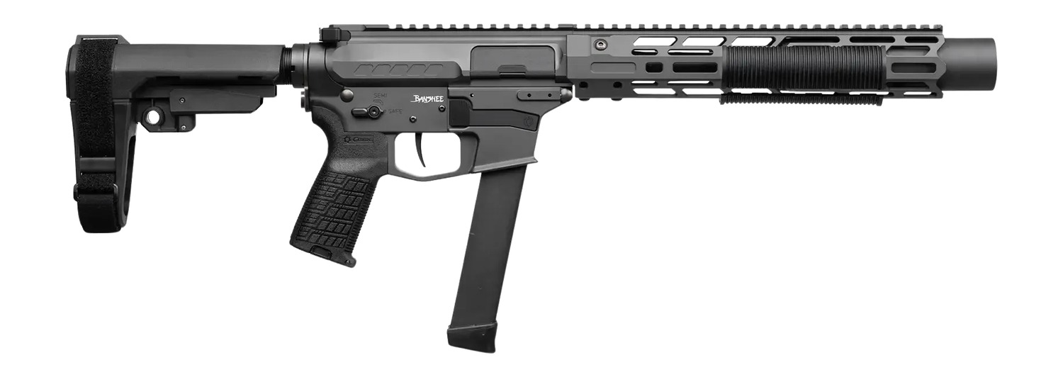 CMMG 99A6832-TNG Zeroed Banshee MkGs 9mm Luger 33+1 6.50" Black Nitride Threaded Barrel, Tungsten Cerakote Aluminum Receiver w/Picatinny Rail, M-LOK Handguard, Black Polymer CMMG RipBrace, CMMG Zeroed