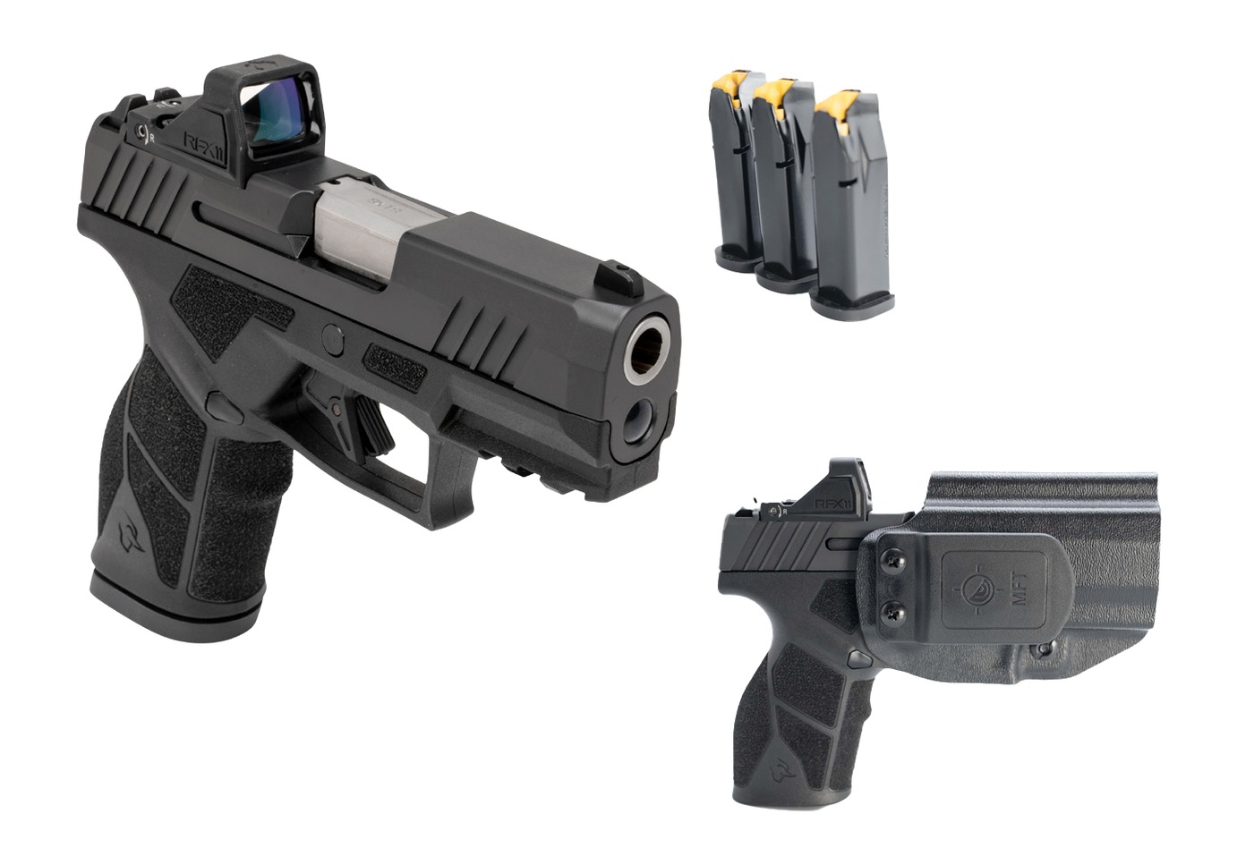Taurus 1-GX2P931-CK8 GX2 T.O.R.O Carry Kit Compact 9mm Luger 13+1 3.38" Stainless Barrel, Matte Black Alloy Steel Serrated w/Optic Slide, Black Polymer Frame w/Picatinny Rail, Black Textured Grip, Vir