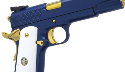 Dickinson LLC DKSN45SM Adam 1911 Sapphire Full Size 45 ACP 8+1 5" Gold Barrel, Blue Sapphire Steel Slide & Frame w/Beavertail White Grip