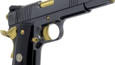 Dickinson LLC DKSN45AB Adam 1911 Acoustic Full Size 45 ACP 8+1 5" Gold Barrel, Shiny Black Steel B Serrations Slide, Shiny Black Steel Frame w/Beavertail