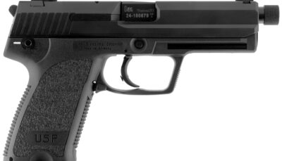 HK 81000349 USP Tactical V1 Full Size Frame 9mm Luger 10+1, 4.86" Black Steel Threaded Barrel, Black Serrated Steel Slide, Black Polymer Frame w/Accessory Rail, Black Polymer Grip, Right Hand