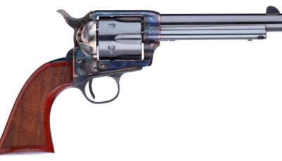 Taylors & Company 556209DE Short Stroke Gunfighter Uberti 357 Mag 6 Shot 5.50" Blued Round Barrel & Cylinder, Color Case Hardened Steel Frame, Walnut Checkered Army Style Grip, Exposed Hammer