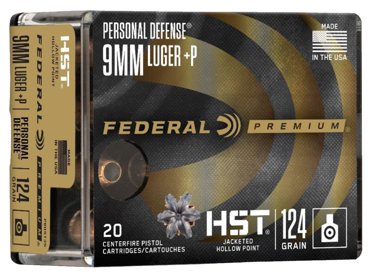 Federal P9HST3S Premium Personal Defense 9mmLuger+P 124gr HST Jacketed Hollow Point 20 Per Box/10 Case
