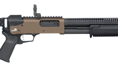 Mossberg 50233 590R 12 Gauge Pump 3" 6+1 18.50" Black Parkerized Integrated Heat Shield Barrel, Flat Dark Earth Cerakote Receiver w/Picatinny Rail, Black Chisel Folding Synthetic Stock, Black Magpul