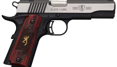 Browning 051914492 1911 Black Label Medallion Pro 380 ACP 8+1 4.25" Target Crown Barrel, Blackened w/Silver Polished Flats Serrated SS Slide, Matte Black Polymer Frame w/Beavertail